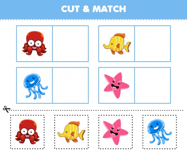 Education game for children cut and match the same picture of cute cartoon underwater animal octopus fish jellyfish starfish printable worksheet