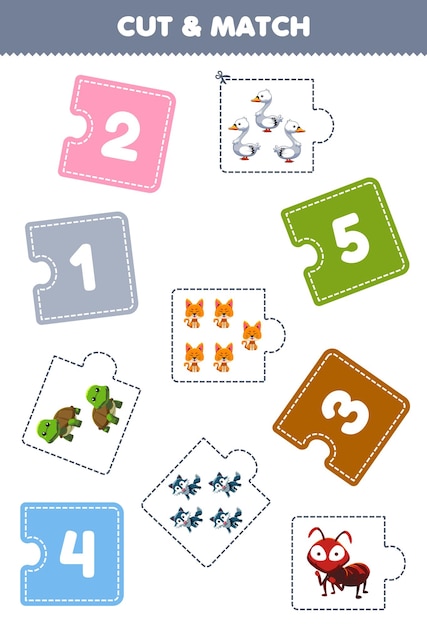 Gioco educativo per bambini taglia un pezzo di puzzle e abbina per numero di foglio di lavoro stampabile simpatico cartone animato formica tartaruga cigno lupo gatto