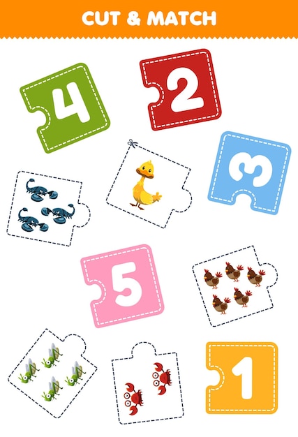 어린이를 위한 교육 게임은 퍼즐 조각을 자르고 귀여운 만화 오리 게 전갈 메뚜기 닭 인쇄용 워크시트의 수로 일치시킵니다.