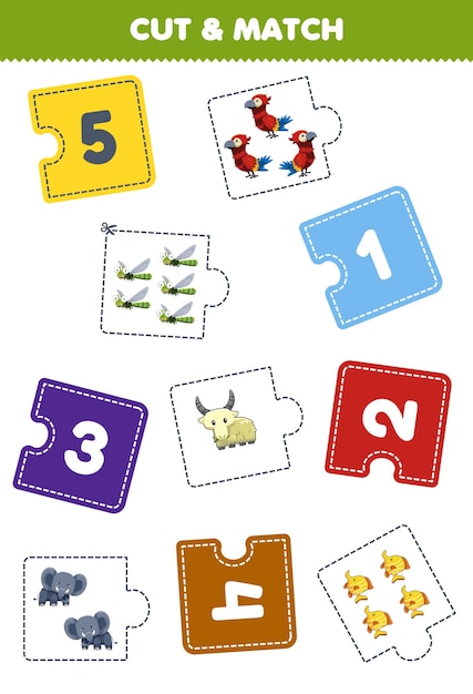 Gioco educativo per bambini taglia un pezzo di puzzle e abbina per numero di simpatici cartoni animati, capra, elefante, pappagallo, pesce, libellula, foglio di lavoro stampabile