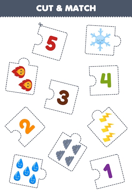 Education game for children cut piece of puzzle and match by number of cute cartoon snowflake fire thunder cloud water printable nature worksheet