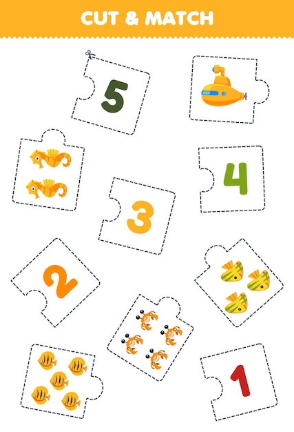 Education game for children cut piece of puzzle and match by number of cute cartoon submarine seahorse fish crab printable underwater worksheet