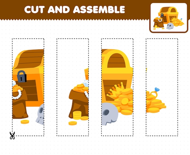 Education game for children cutting practice and assemble puzzle of cute cartoon gold and treasure chest printable pirate worksheet