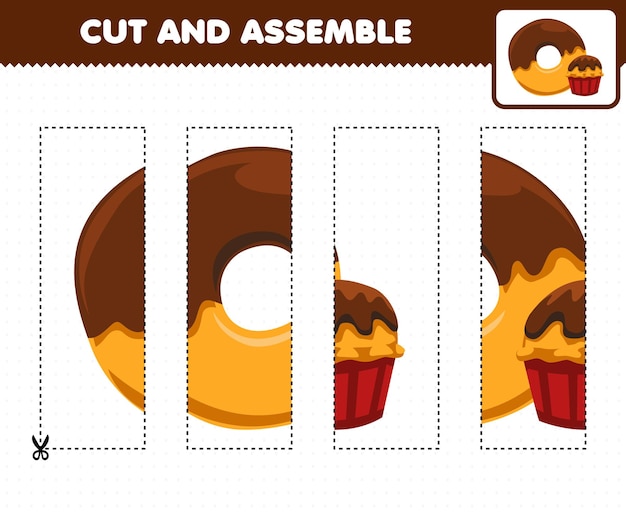 Education game for children cutting practice and assemble puzzle with cartoon food donut and cupcake