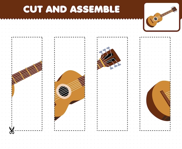 Education game for children cutting practice and assemble puzzle with cartoon music instrument guitar printable worksheet