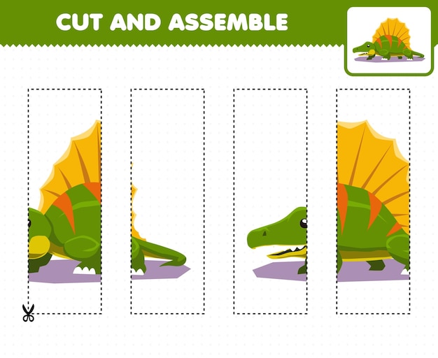 Education game for children cutting practice and assemble puzzle with cartoon prehistoric dinosaur dimetrodon