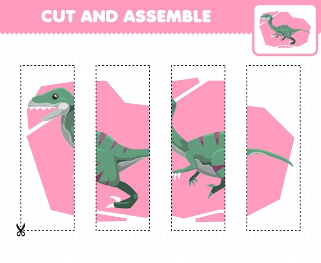 Vettore gioco educativo per bambini che praticano il taglio e assemblano puzzle con il velociraptor dinosauro preistorico dei cartoni animati