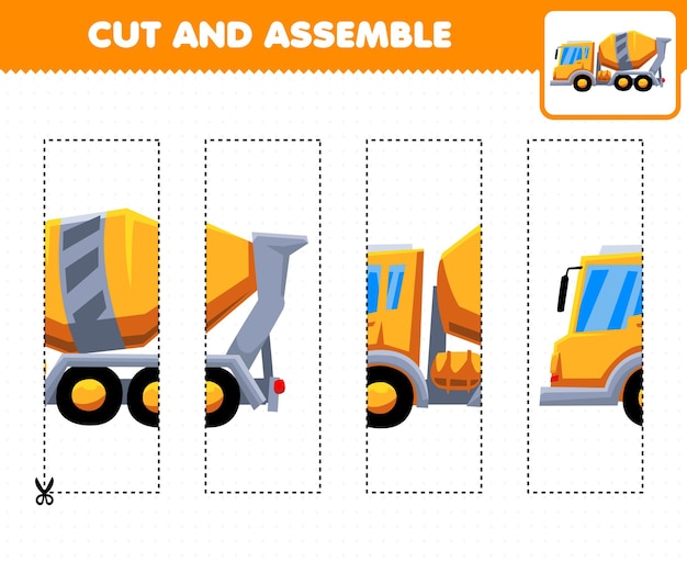 Vector education game for children cutting practice and assemble puzzle with cartoon transportation concentrate mixer truck