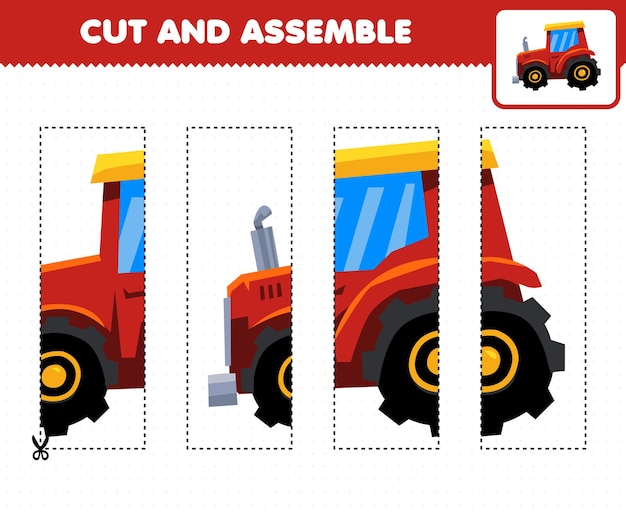 Vector education game for children cutting practice and assemble puzzle with cartoon transportation tractor