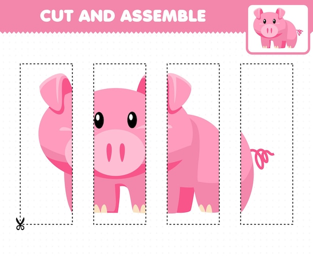 Education game for children cutting practice and assemble puzzle with cute cartoon animal pig