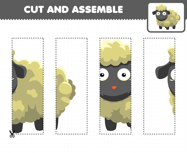Education game for children cutting practice and assemble puzzle with cute cartoon animal sheep