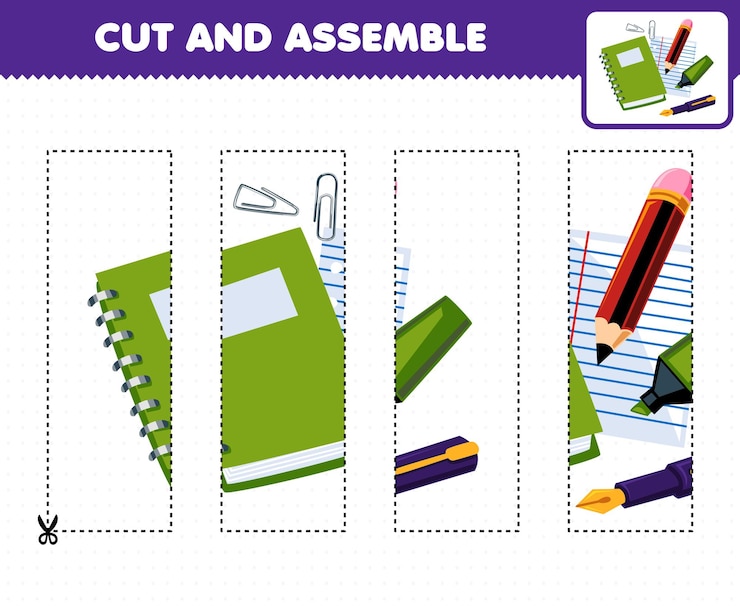Vector education game for children cutting practice and assemble puzzle with cute cartoon book pencil marker and pen printable tool worksheet