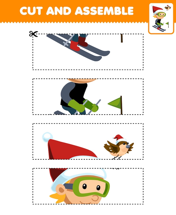 वेक्टर education game for children cutting practice and assemble puzzle with cute cartoon boy playing ski printable winter worksheet