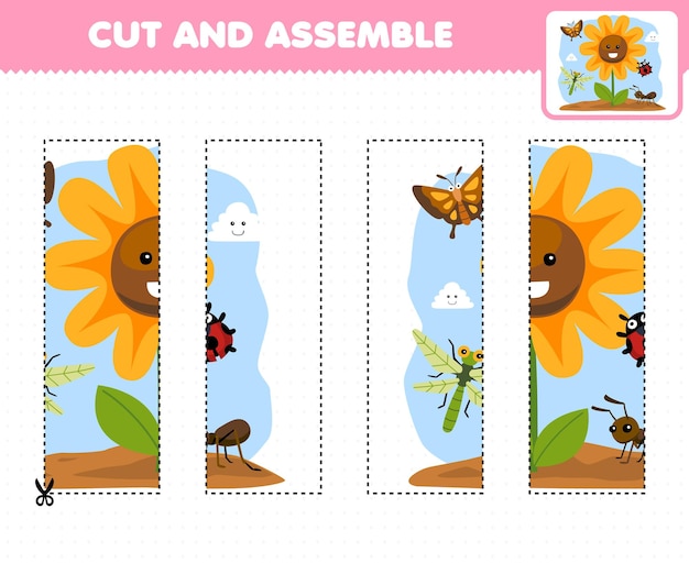 Education game for children cutting practice and assemble puzzle with cute cartoon flower and bug printable nature worksheet