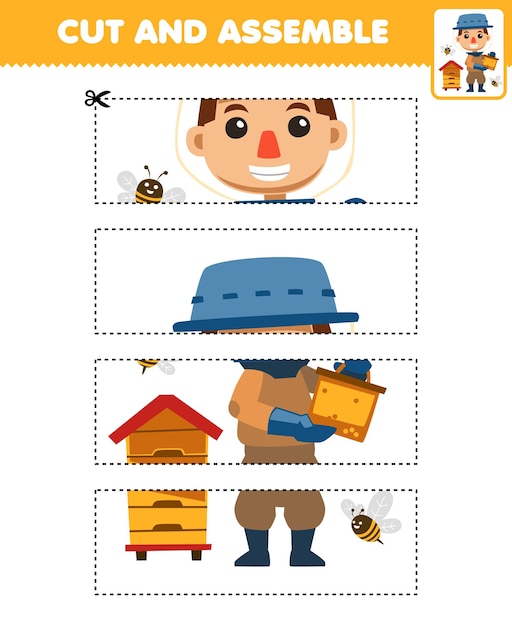 Education game for children cutting practice and assemble puzzle with cute cartoon honey farmer opening beehive farm printable worksheet