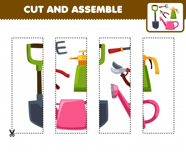 Education game for children cutting practice and assemble puzzle with cute cartoon shovel fork pruner sprayer and watering can printable tool worksheet