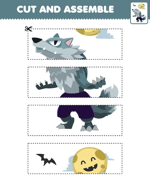 Education game for children cutting practice and assemble puzzle with cute cartoon werewolf costume halloween printable worksheet