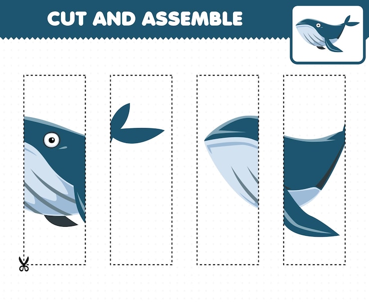Vector education game for children cutting practice and assemble puzzle with cute cartoon whale printable underwater worksheet