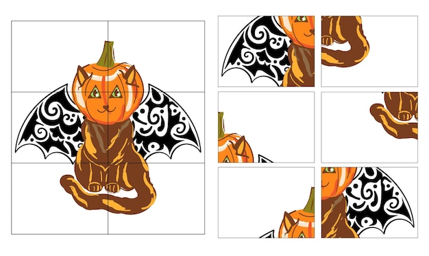 Vector education game for children cutting practice and assemble puzzle with halloween cat