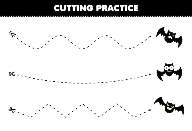 Education game for children cutting practice with cute cartoon flying black bat halloween printable worksheet