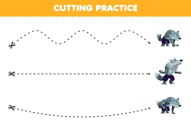 귀여운 만화 늑대 인간 할로윈 인쇄용 워크 시트로 어린이 절단 연습을위한 교육 게임
