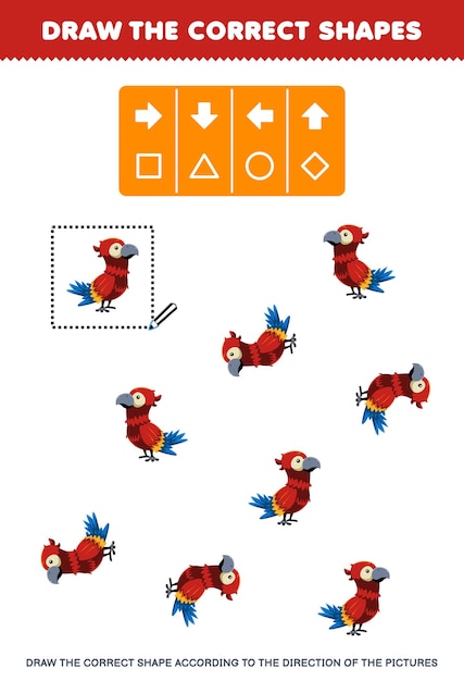 Il gioco educativo per i bambini disegna la forma corretta in base alla direzione del foglio di lavoro animale stampabile con immagini di pappagallo simpatico cartone animato
