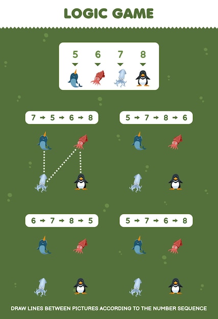 Gioco educativo per bambini disegnare linee in base alle sequenze numeriche del simpatico cartone animato narvalo seppie pinguino immagini foglio di lavoro subacqueo stampabile