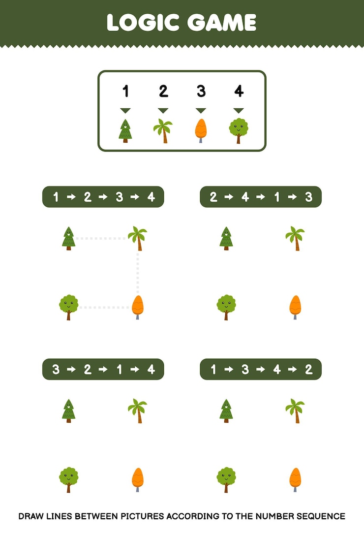 Vector education game for children draw lines according to the number sequences of cute cartoon tree pictures printable nature worksheet