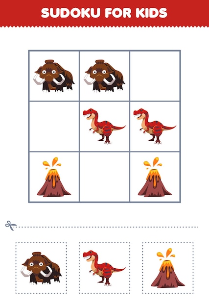 Education game for children easy sudoku for kids with cute cartoon mammoth tyrannosaurus volcano printable prehistoric dinosaur worksheet