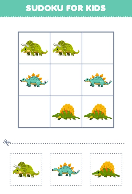 Education game for children easy sudoku for kids with cute cartoon triceratops stegosaurus dimetrodon printable prehistoric dinosaur worksheet