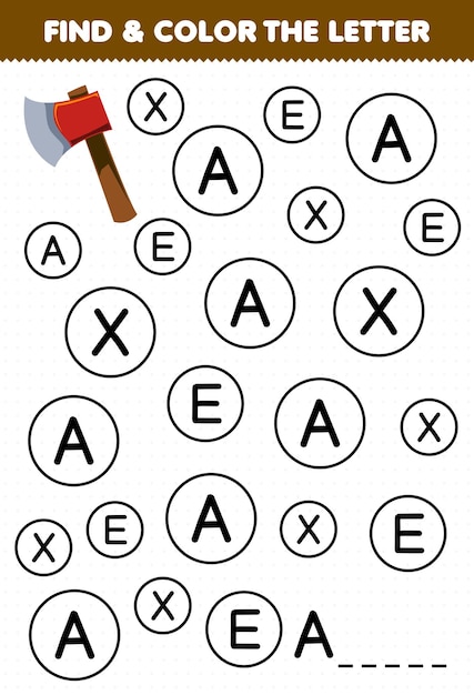 Vector education game for children find and color letter a for axe printable tool worksheet