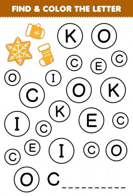 Education game for children find and color letter C for cookie printable winter worksheet