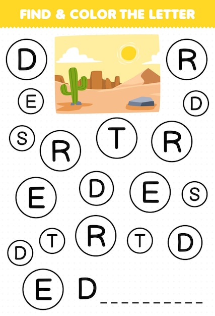 Education game for children find and color letter D for desert printable nature worksheet