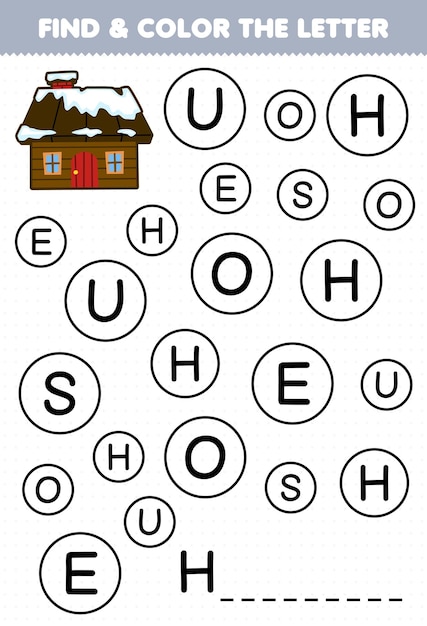 Education game for children find and color letter H for snowy house printable winter worksheet