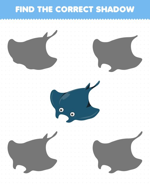 Education game for children find the correct shadow of cute cartoon manta printable underwater worksheet