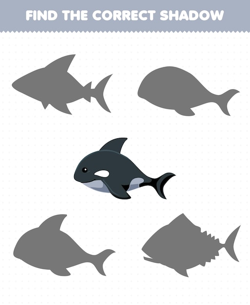 Education game for children find the correct shadow of cute cartoon orca printable underwater worksheet