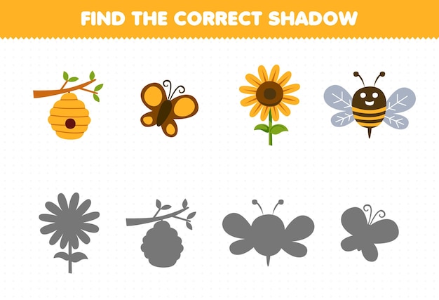 Education game for children find the correct shadow set of cute cartoon beehive butterfly sunflower bee printable farm worksheet