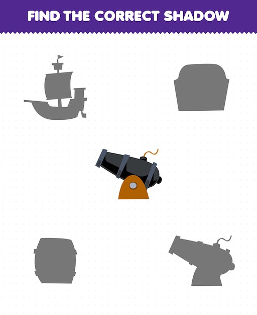 Education game for children find the correct shadow set of cute cartoon cannon printable pirate worksheet