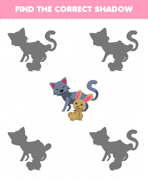 Образовательная игра для детей: найди правильный набор теней милого мультяшного кота и кролика. Лист для печати на ферме.