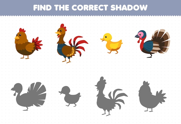 Education game for children find the correct shadow set of cute cartoon chicken hen rooster duck turkey printable farm worksheet