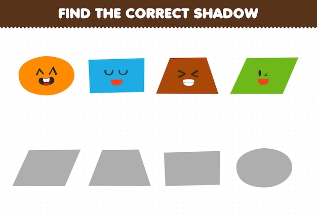 Gioco educativo per bambini trova il set di ombre corretto del parallelogramma trapezoidale rettangolo ovale di forma geometrica del simpatico cartone animato