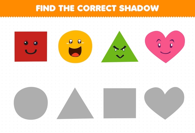 Education game for children find the correct shadow set of cute cartoon geometric shape square circle triangle heart