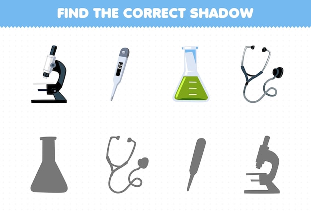 Education game for children find the correct shadow set of cute cartoon microscope thermometer beaker stethoscope printable tool worksheet