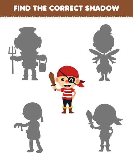 Education game for children find the correct shadow set of cute cartoon pirate boy costume halloween printable worksheet