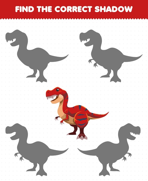 Education game for children find the correct shadow set of cute cartoon prehistoric dinosaur tyrannosaurus