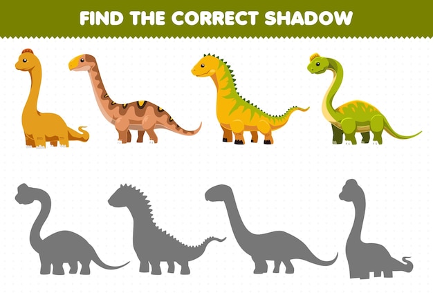 Education game for children find the correct shadow set of cute cartoon prehistoric long neck dinosaur