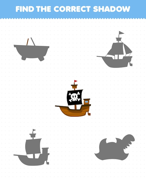 子供向けの教育ゲームは、かわいい漫画の船の正しい影のセットを見つけます。印刷可能な海賊のワークシート