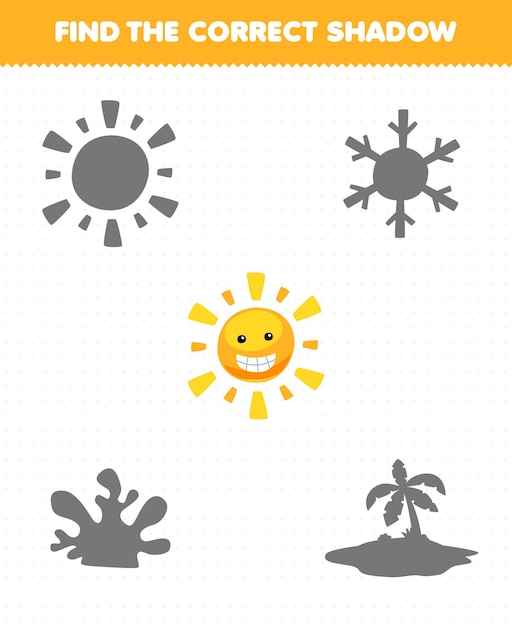 Education game for children find the correct shadow set of cute cartoon sun printable nature worksheet