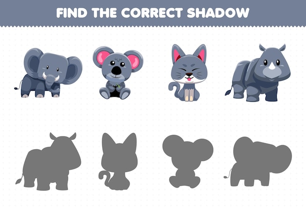 Education game for children find the correct shadow set of cute grey animal