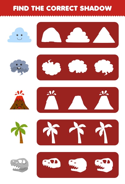 子供向けの教育ゲームは、かわいい漫画の雲の煙の火山の木の化石の正しい影のシルエットを見つけます印刷可能な自然のワークシート